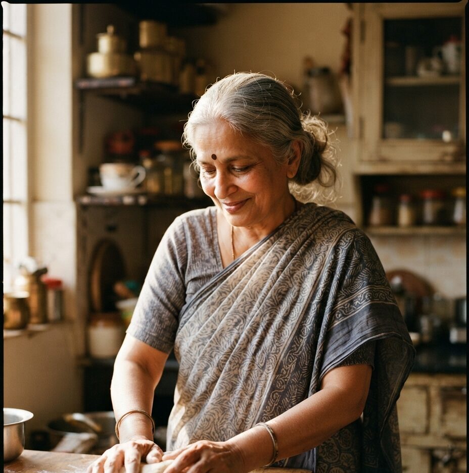 An Indian woman in her seventies kneading dough at her kitchen counter, absorbed and at ease.