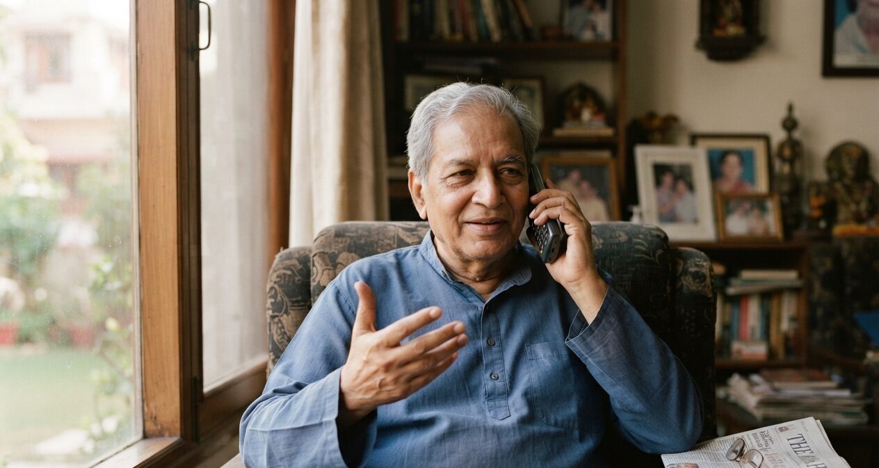 An elderly Indian man answering an ordinary phone at home, mid-morning, at ease.
