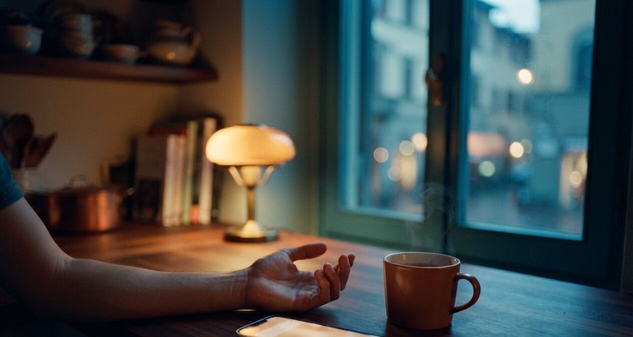 A warm evening kitchen, a relaxed hand by a phone showing a calm morning summary.