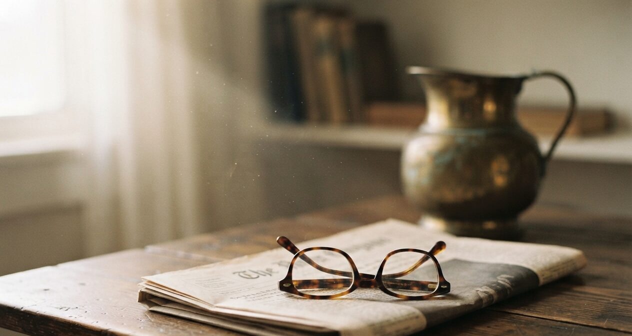 Reading spectacles folded on a newspaper in morning light.